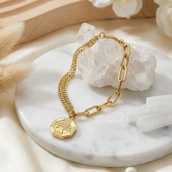 18K Gold Plated Stainless Steel Tree of Life Charm Paperclip Chain Bracelet - Picture 4 of 15